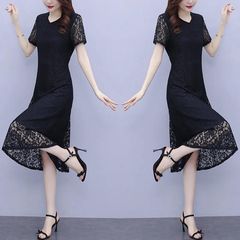 Women's Summer Short Sleeve Hollow Out Lace Dress Slim Round Neck A-Line Mid-calf Dresses