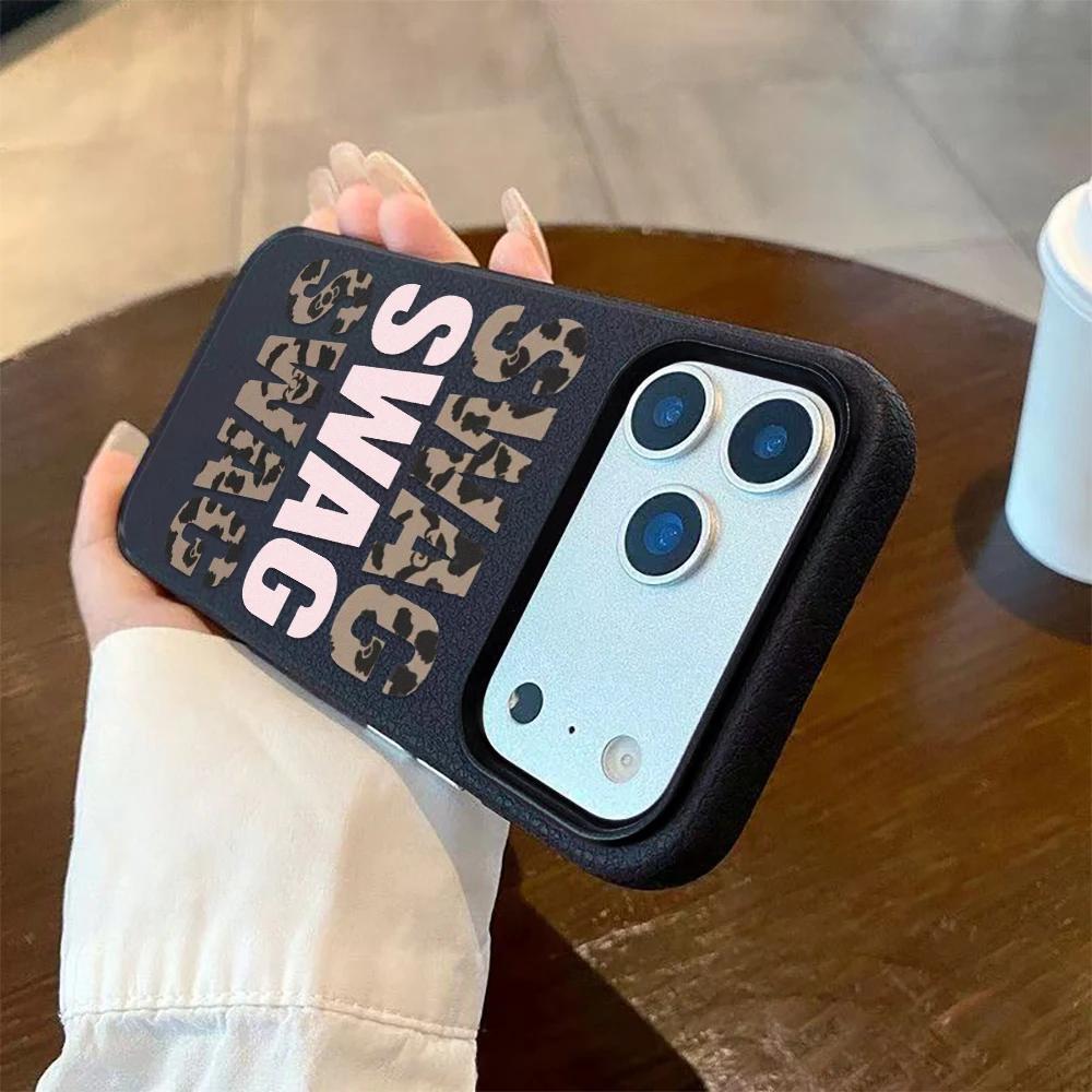 Fashion Leopard Print Swag Creative Letters Lychee Grain Phone Case for iPhone 17 AIR 16 15 14 13 12 11 PRO MAX PLUS Y2K Cover