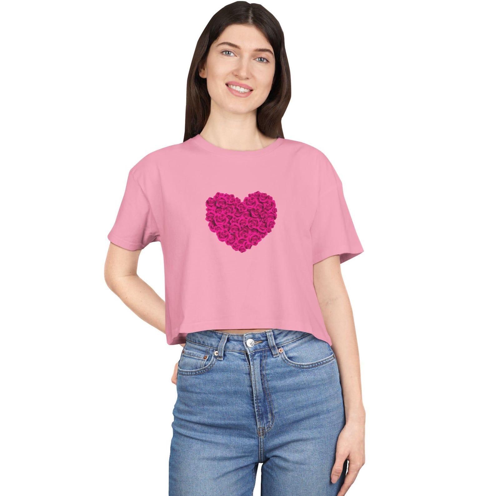 Pink Rose Heart Crop Tee | Floral Graphic Crop Top 2XL