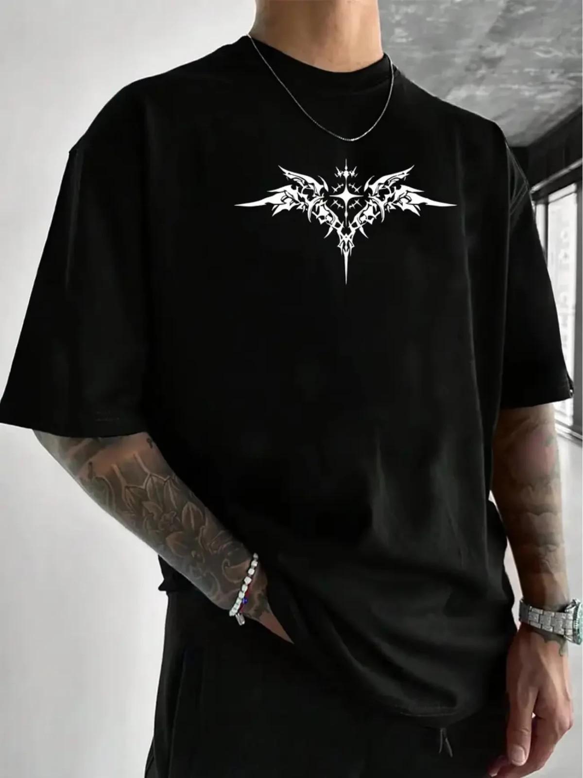 Men S Gothic Dark Pattern T-Shirt with Black And White Bat Wings And Barbed Wire Unisex T-Shirt XXXL