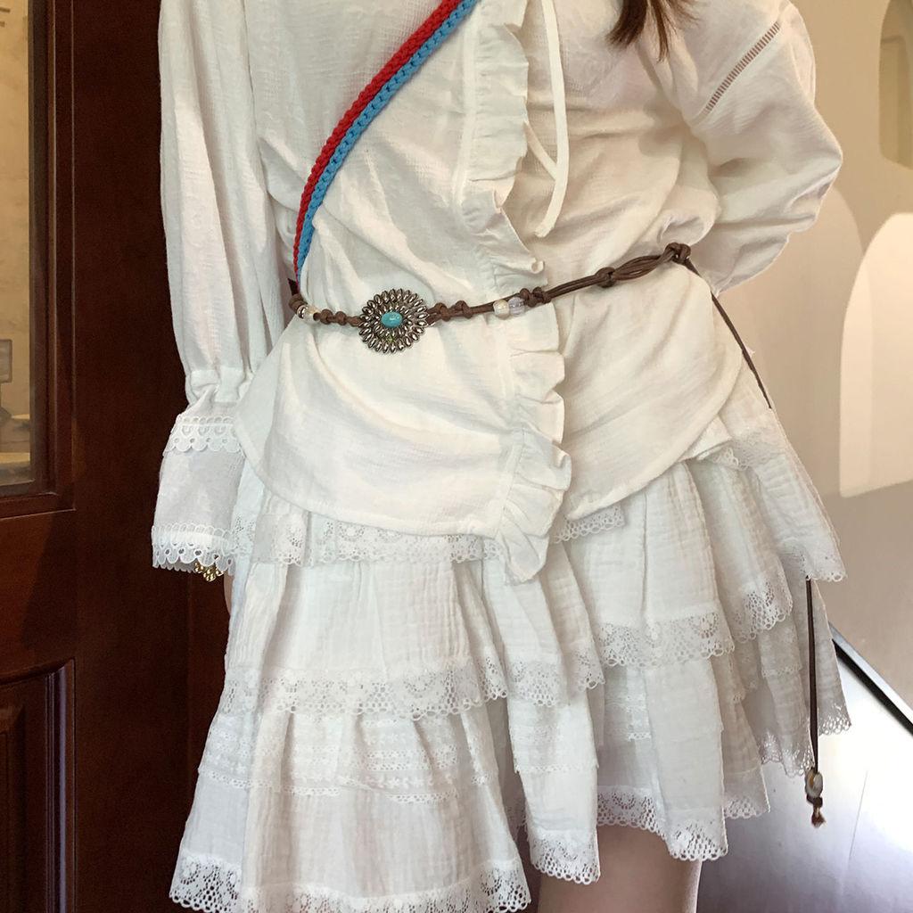 Bohemian Retro Floral Waist Belt With Sunflower Chain For Summer Dresses