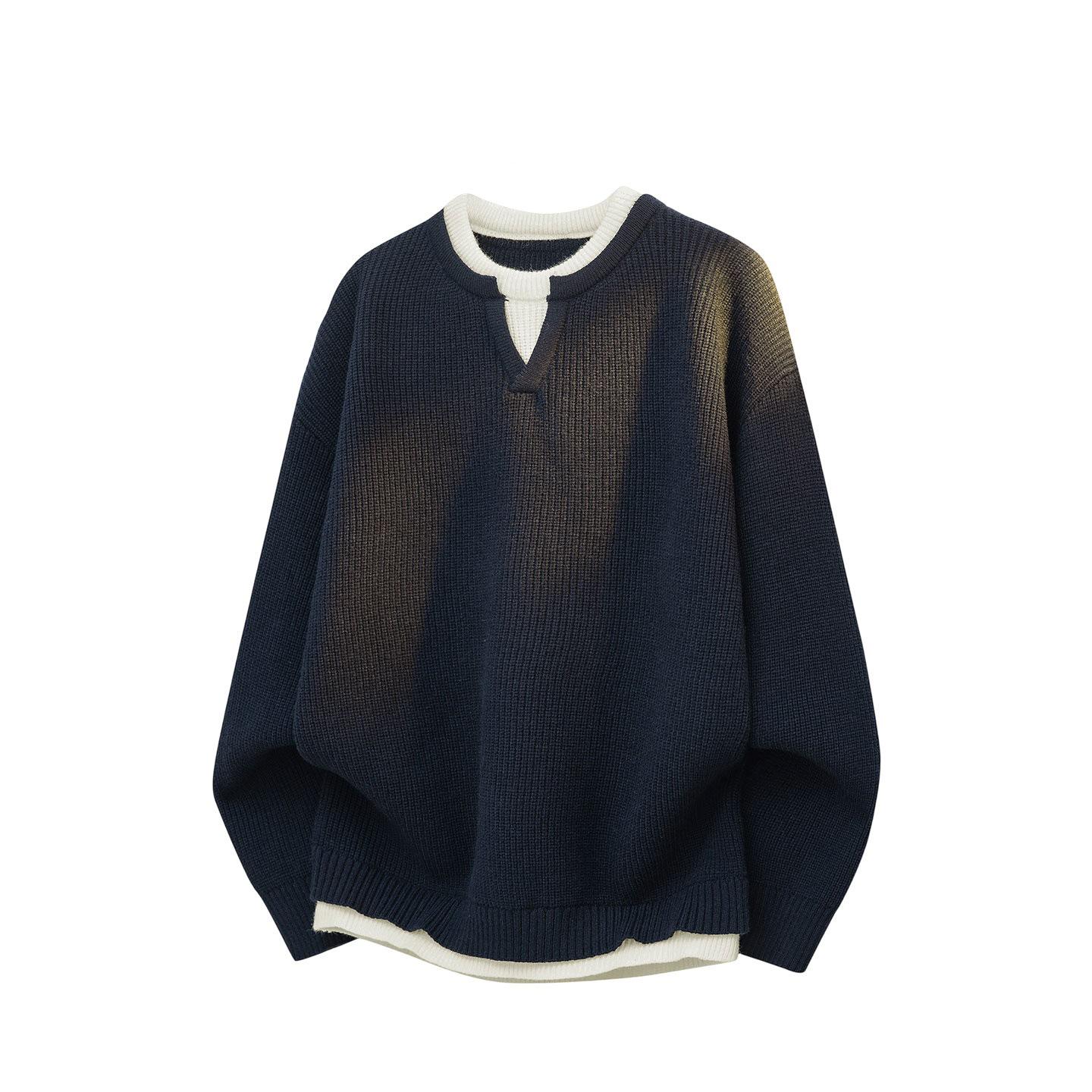 

Men s Japanese-Style Knit Two-Piece Sweater: Casual Autumn Pullover with Loose Fit Base Layer XL темно-синього кольору