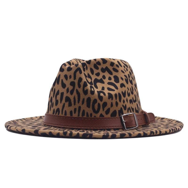 Autumn and winter British style men and women double-sided color matching leopard print woolen jazz hat new fashion flat-brimmed hat big eaves hat