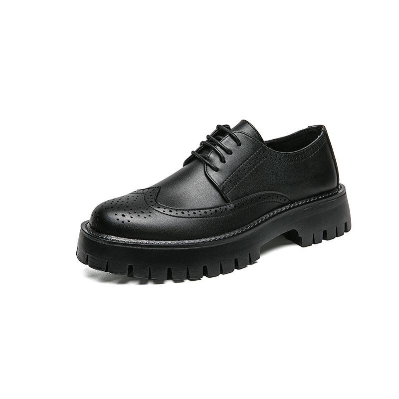 Men's Thick Sole Lace-Up Brogue Leather Shoes - Spring/Autumn Casual Height-Boosting Low-Tops for Teens