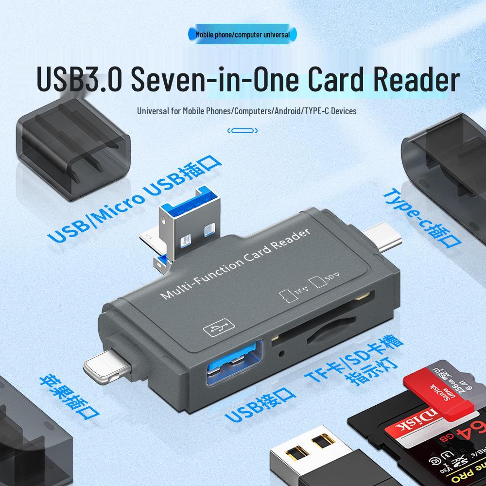 Multi-Function 7-in-1 OTG Card Reader for USB, Type-C, Android, and Computers