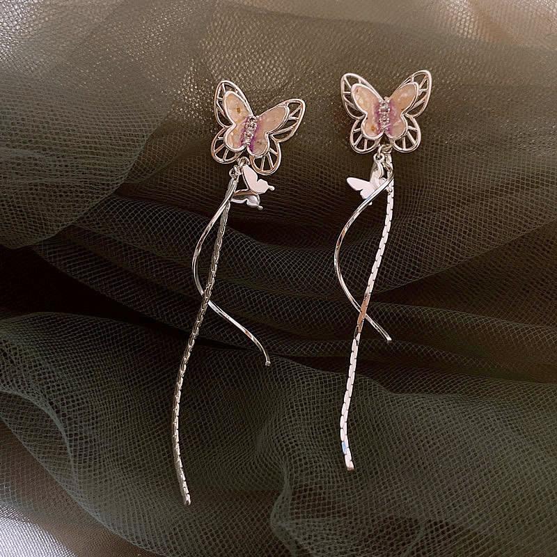 

Серьги-пусеты с двойным слоем бабочек, инкрустированные бриллиантами, с полыми кисточками, легкая роскошь, изысканные серьги для работы, модные, милые и свежие серьги