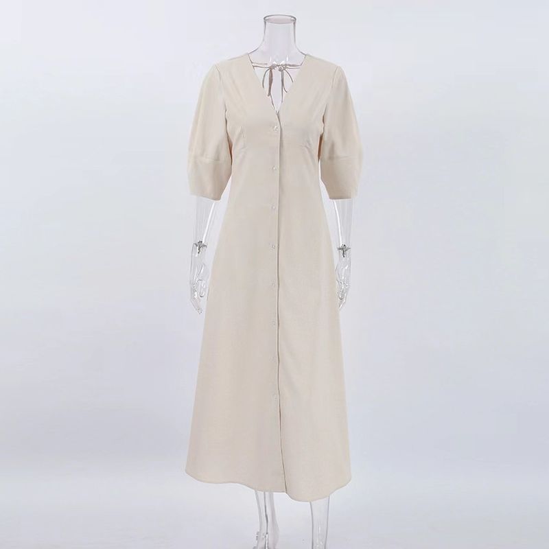 

New Arrival Summer French Sexy Open Back Loose V Neck Puff Sleeve Dress Sexy Backless Dress Beige White M