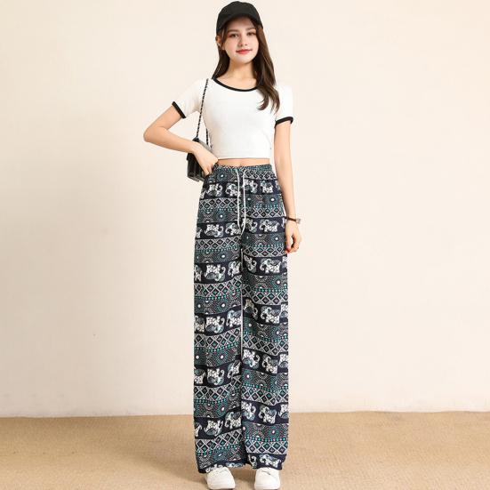 Women Casual Pants Wide Leg Elephant Print Elastic Waist Adjustable Drawstring Loose Fit Trousers Travel Work Daily Wear