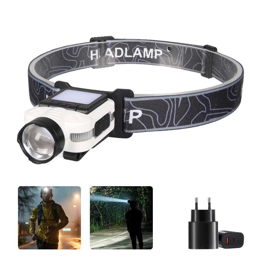 Inductive COB Headlamp,Portable Zoom Headlight,5 Modes Head Lamp, USB Rechargeable Working Flashlight Fishing Running Climbing