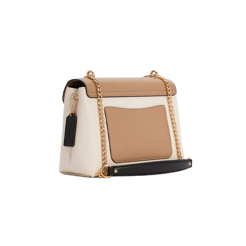 Coach Tammie 26 Logo Snap Polished Leather Chain Flap Bag Shoulder Crossbody Bag Medium Size Women Milk Tea Color with White