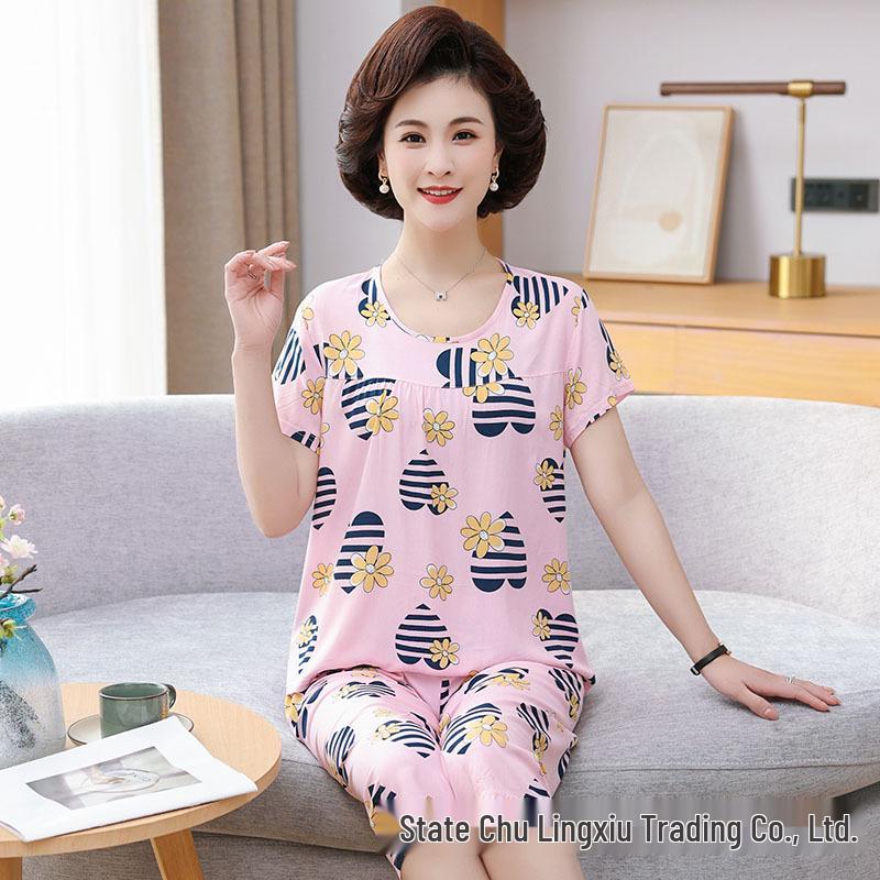 Women's Plus Size Summer Cotton Pajama Set for Middle-Aged & Elderly - Short-Sleeved Homewear Suitable for Outdoor Wear