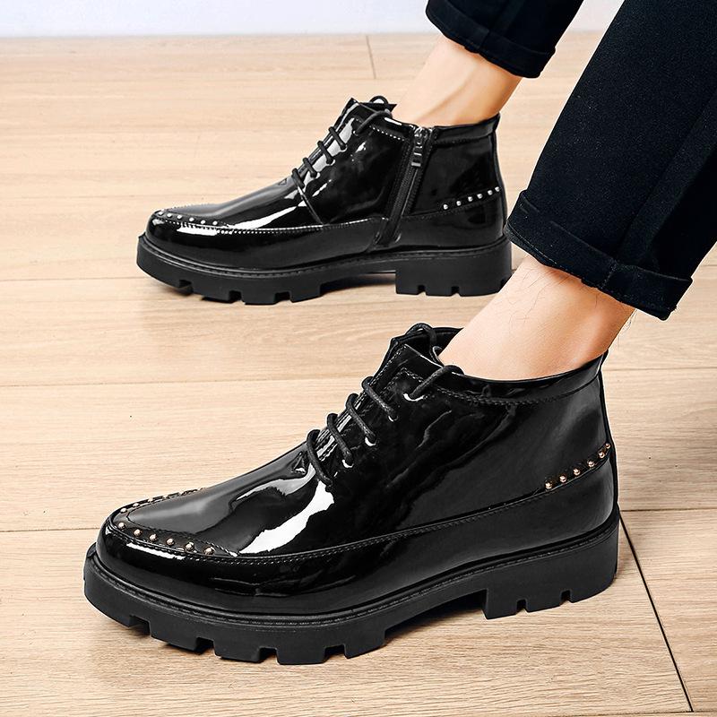 Embossed Men's High-Top Patent Leather Shoes, Autumn/Winter 2022 Korean Style Youth Thick-Soled Zipper British Design