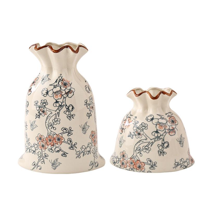 Vintage Floral Texture Ceramic Vase Table Decoration Flower Arrangement Creative Bag Shape Flowers Vases Room Aesthetic Decor