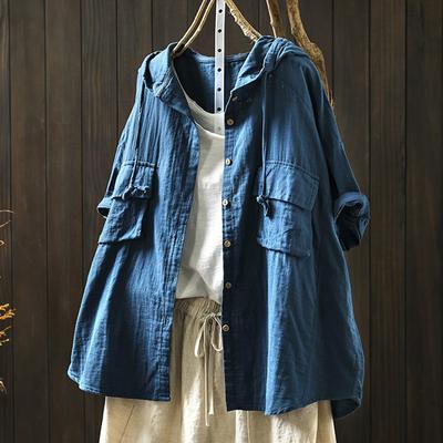Felpe con cappuccio in cotone da donna Estate Stile Giapponese con cappuccio Corte Lunghe T-shirt e Bluse Monocolore Top Manica Corta/Lunga