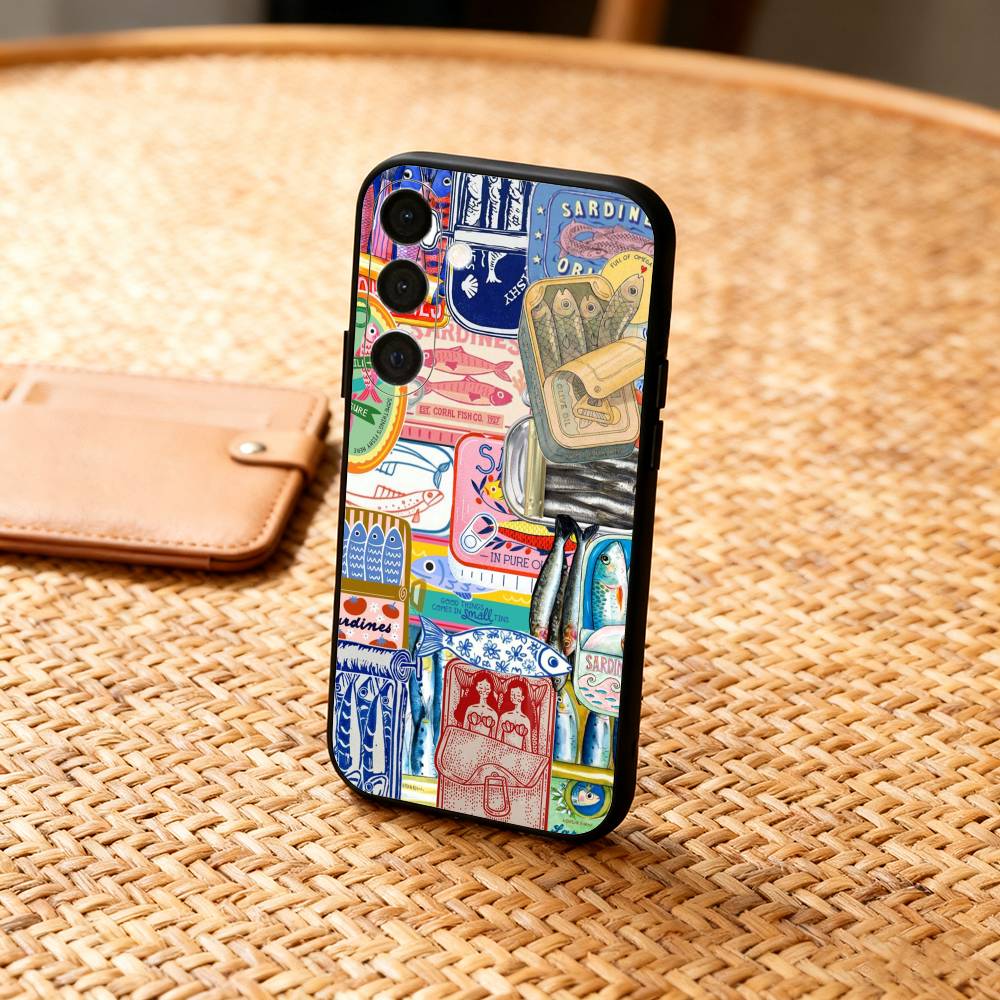 

V-Vintage Canned Sardines Phone Case For Samsung A73,72,71,53,52,51,22,91,80, Soft Black Cover Samsung a21