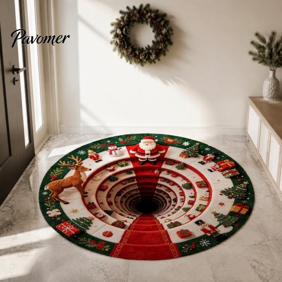 Unique Seasonal Gift Rugs Christmas Round Area Rug, 3D Visual Trap Floor Mat with Santa Elk Print, Soft Crystal Velvet Carpets Non-Slip Stain