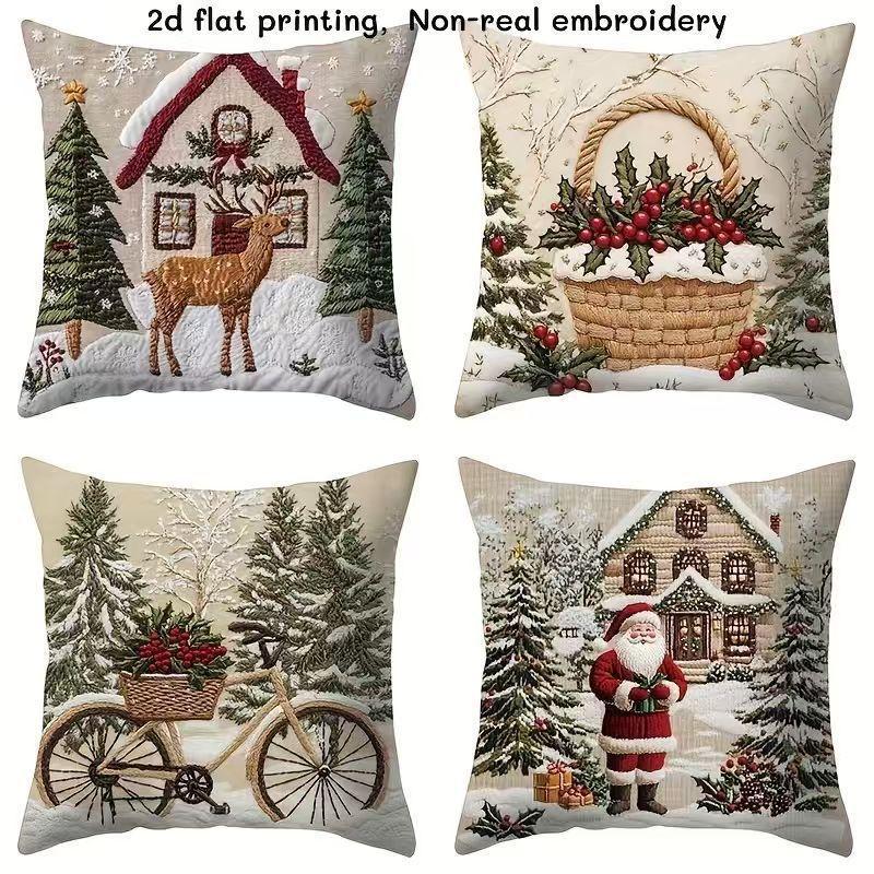 New Christmas Santa Pillow Cover, Imitation Embroidery Holiday Decorative Sofa Linen Car Cushion Cover