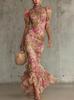 Elegant French Vintage Chiffon Dress with High Neck, Puff Sleeves, Cinched Waist, and Fishtail Hem