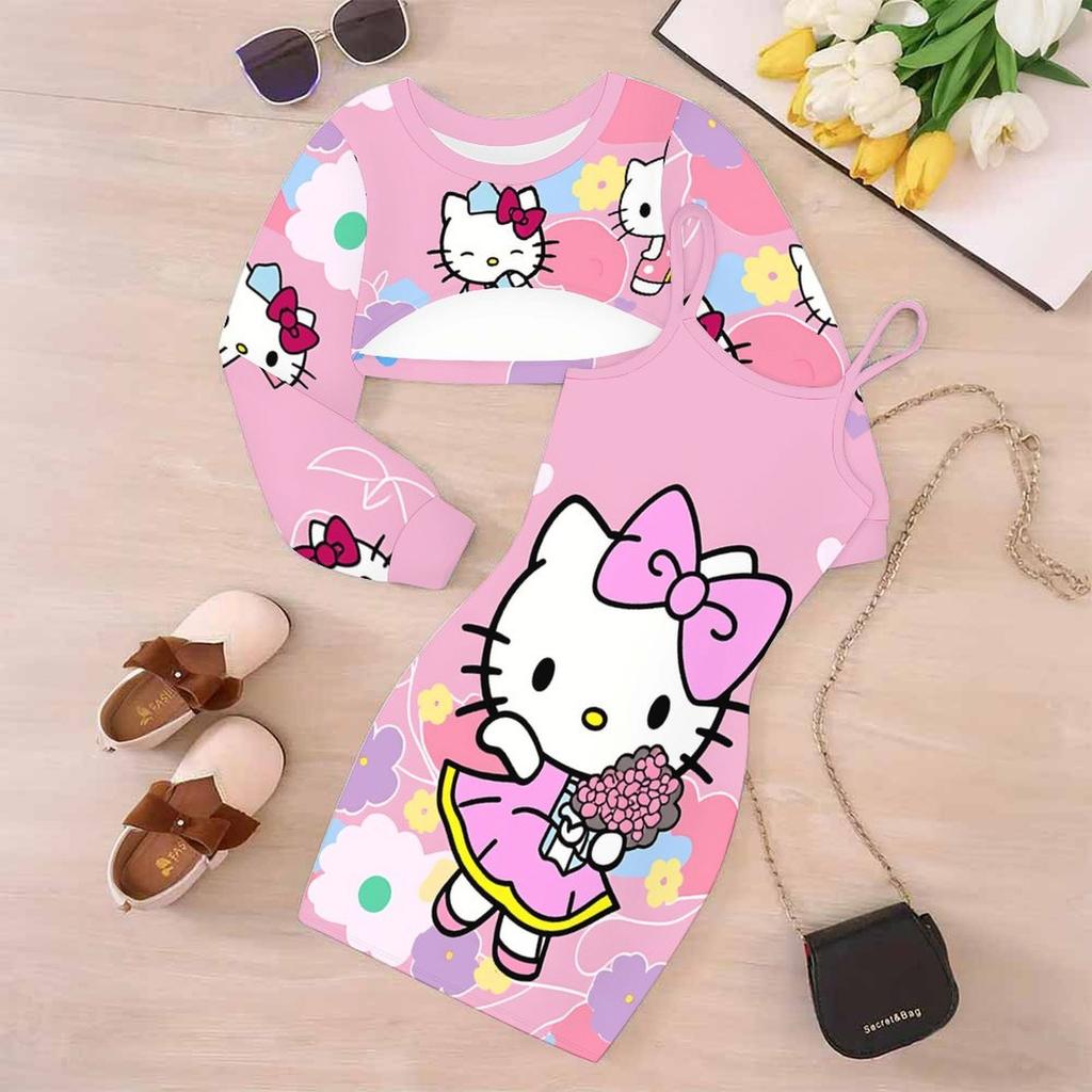Girls Cartoon 2 Piece Outfits, Long Sleeve Crop Top + Spaghetti Strap Bodycon Dress, Vibrant Cartoon Print Party Dress Set