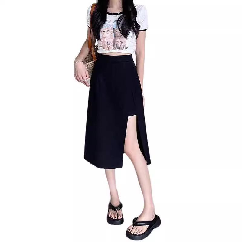 Women's Black High-Waist Slit A-Line Midi Skirt for Autumn
