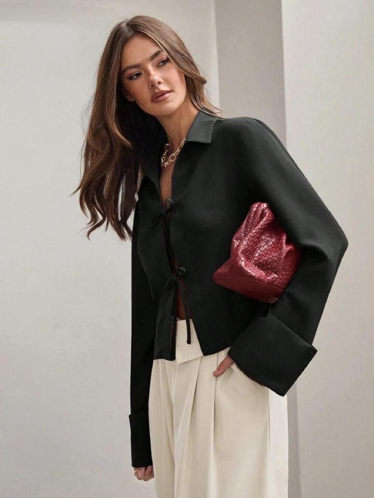 Women's 2025 Spring/Summer Long Sleeve Bow Tie-Up Cardigan Shirt