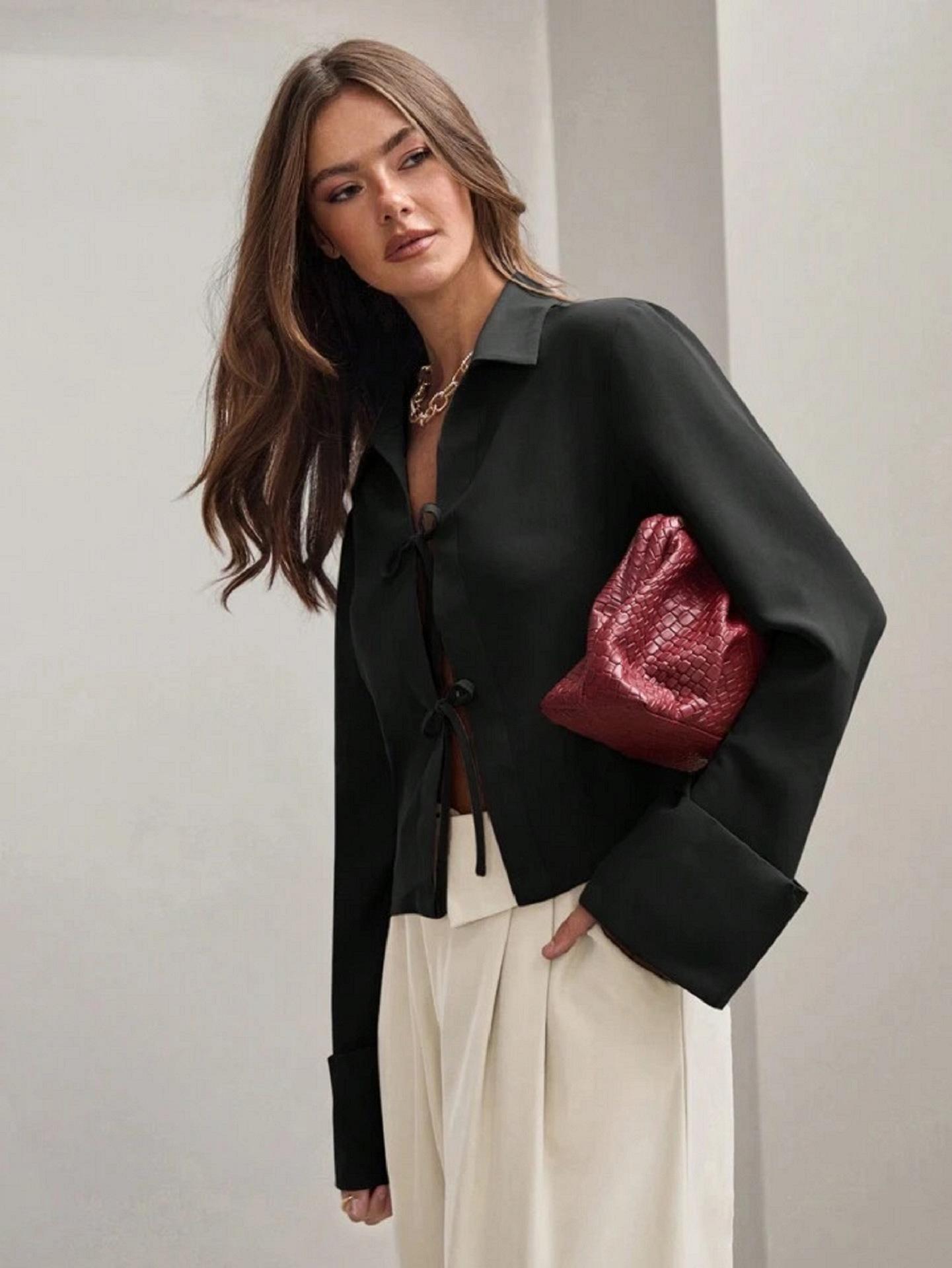 

Женская весенне-летняя рубашка-кардиган с длинным рукавом и завязками-бантами, 2025 Extra Small чёрный