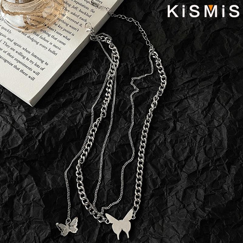 

Ladies Butterfly Pendant Necklace Titanium Steel Double Layer Clavicle Chain Hip Hop Jewelry Gift for Women серебряный