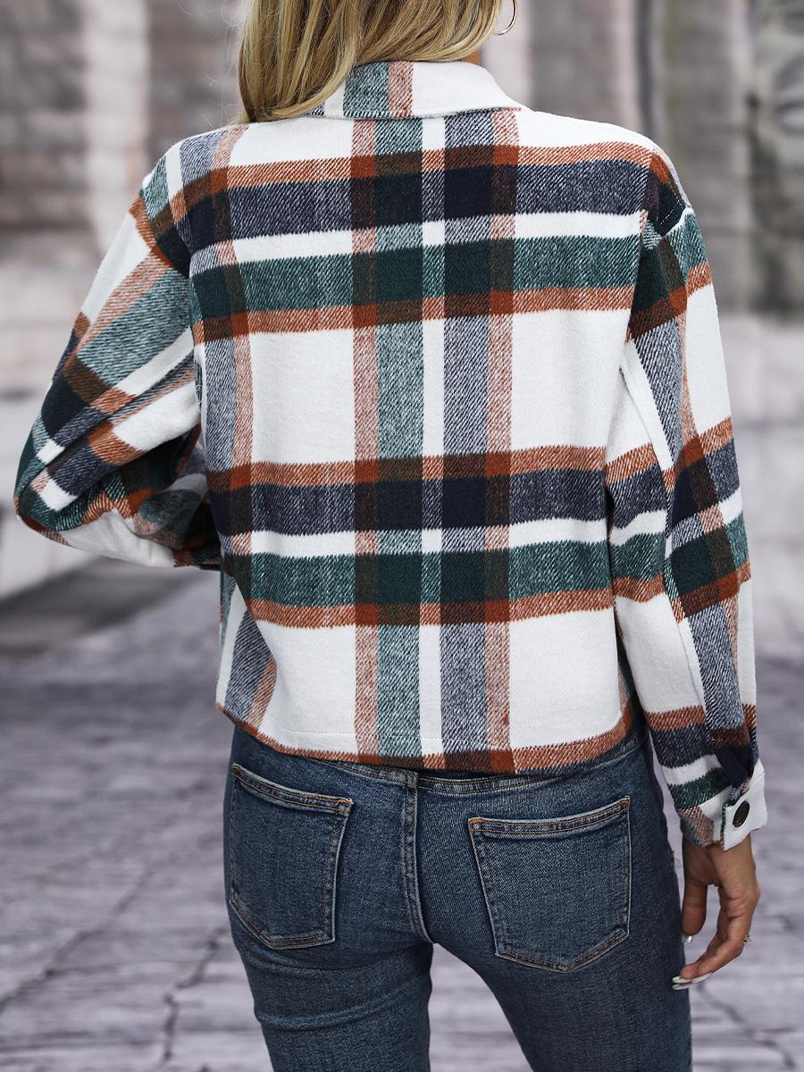 Модная повседневная женская шерстяная короткая куртка в клетку с карманами XXL зелёный — фото 19