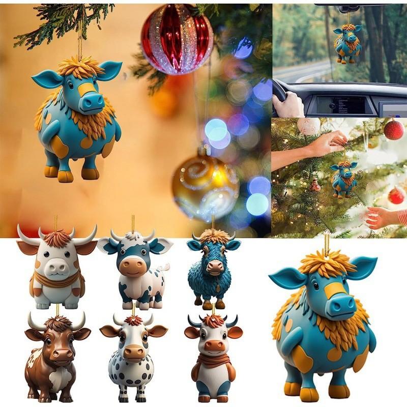 Colorful Cartoon Bull Acrylic Flat Car Hanging Ornament For Christmas Tree Decor