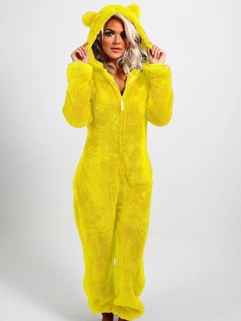 2025 European & American Autumn/Winter Women's Fleece-Lined Fur Jumpsuit Pajamas, Hooded, Available in 17 Colors