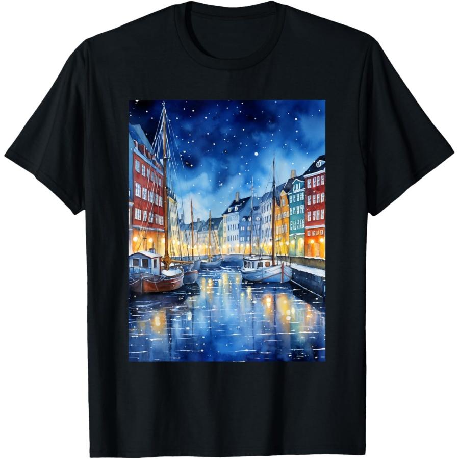 Denmark Copenhagen Nyhavn Snowy Winter Night T-Shirt XXXXXL чёрный