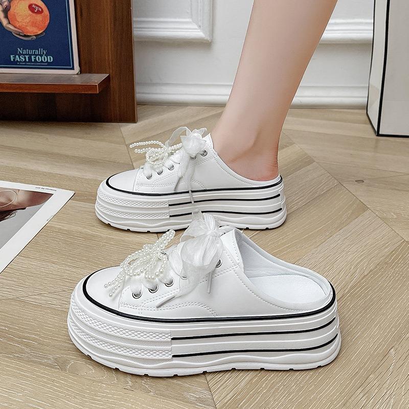 Women Slippers Fashion Thick-soled Canvas Shoes Summer Baotou Half Slipper Pearl Decoration Casual Shoes for Women Canvas Slides