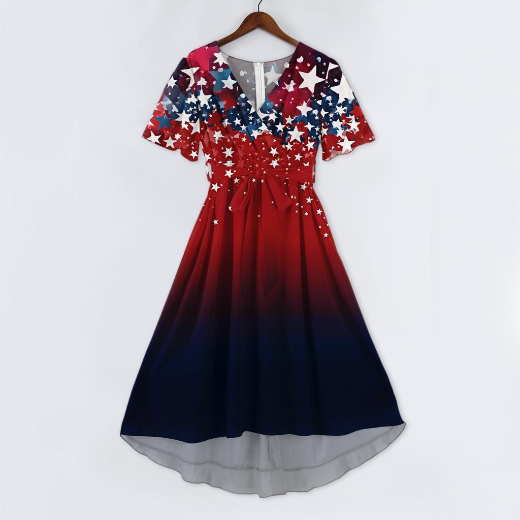 Women’s V Neck Short Sleeve Midi Dress with Star and Stripe Print High Waist Flowy A Line Summer Dress for Casual or Holiday Wear