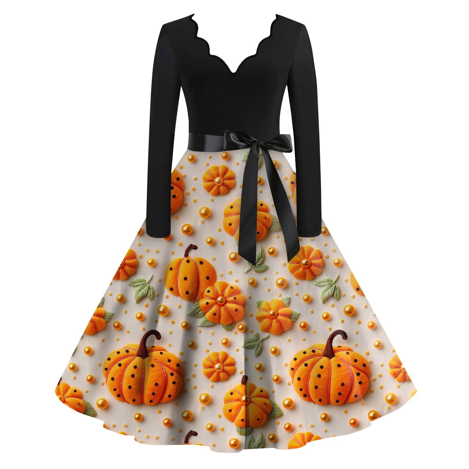 

Женская повседневная мода с длинным рукавом Хэллоуин принт винтажные длинные платья осень XL оранжевый