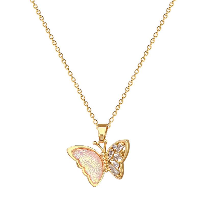Necklace Earrings Set Light Luxury Full Of Diamonds Pink Butterfly Personality Temperament Banquet Earrings Item Group