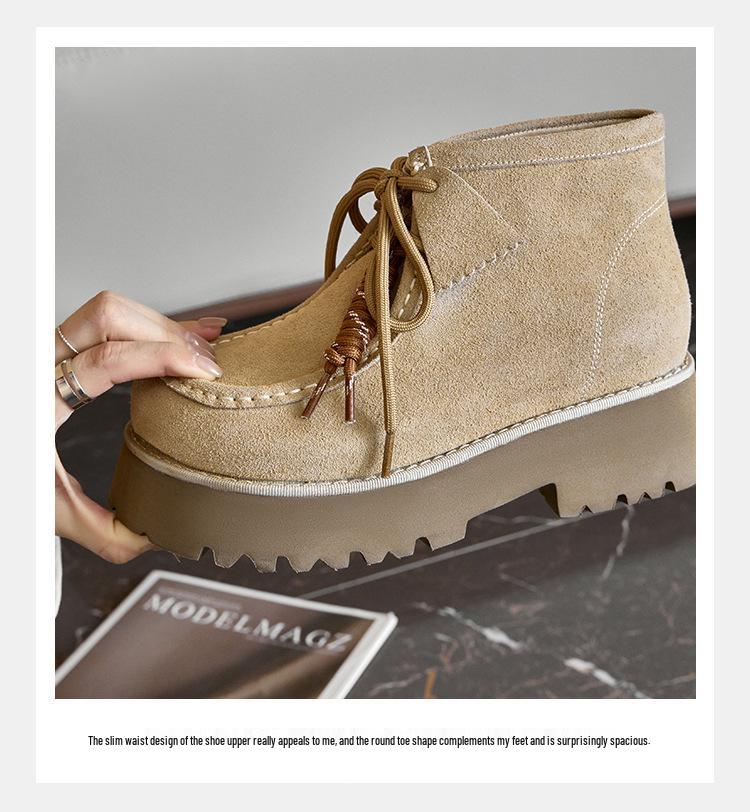 2025 Autumn British Retro Lace-up Leather Ankle Boots, 7CM Thick Sole for Height Boost, Stylish Martin Boots for Women