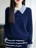 College Style Color Block Polo Neck 100% Wool Sweater - Autumn/Winter Casual Loose Knit