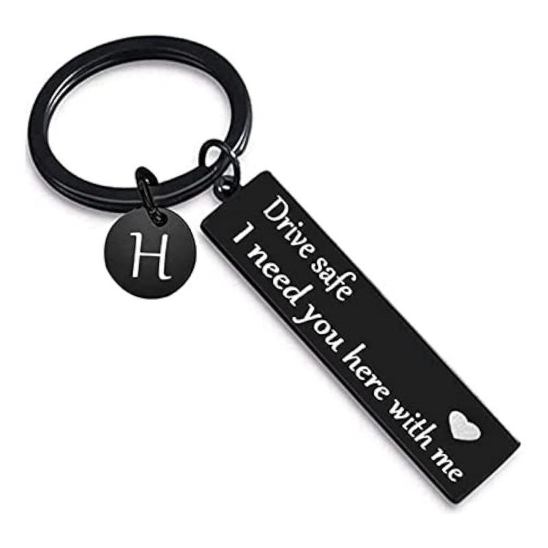 Black Electroplated Heart & Square Safety Keychain – 26 Letter Monogram Accessory.