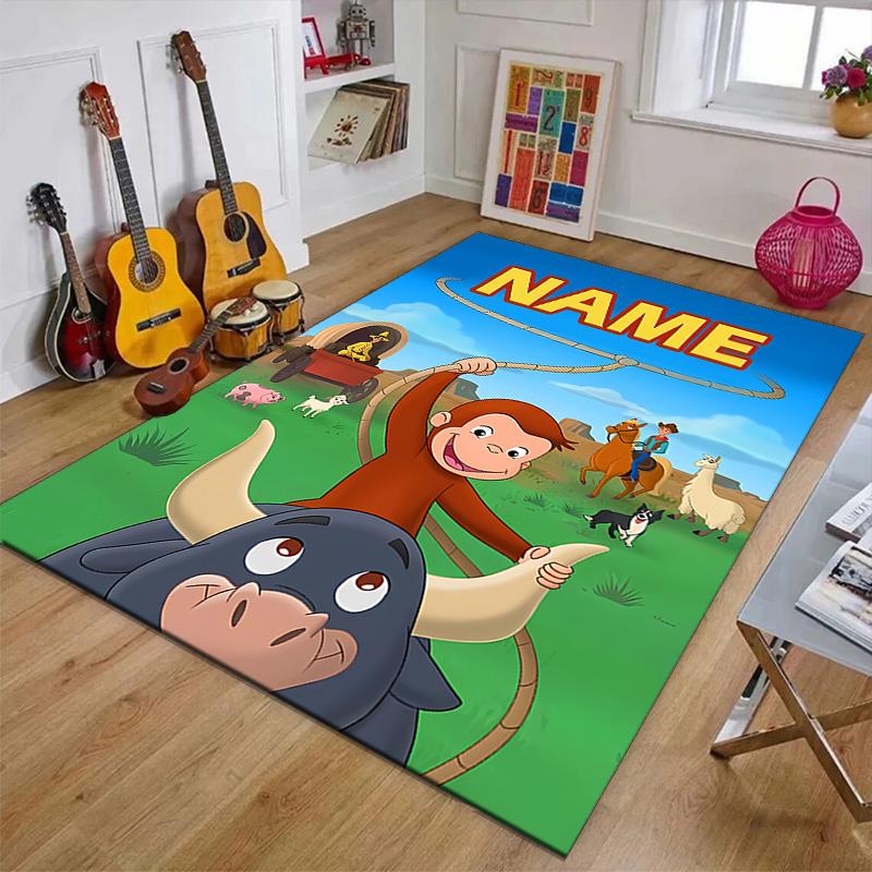 Custom Curious George Mat Personalized Name, Polyester Washable Indoor Entryway Rug, Gift for Christmas, Easter, Thanksgiving Day