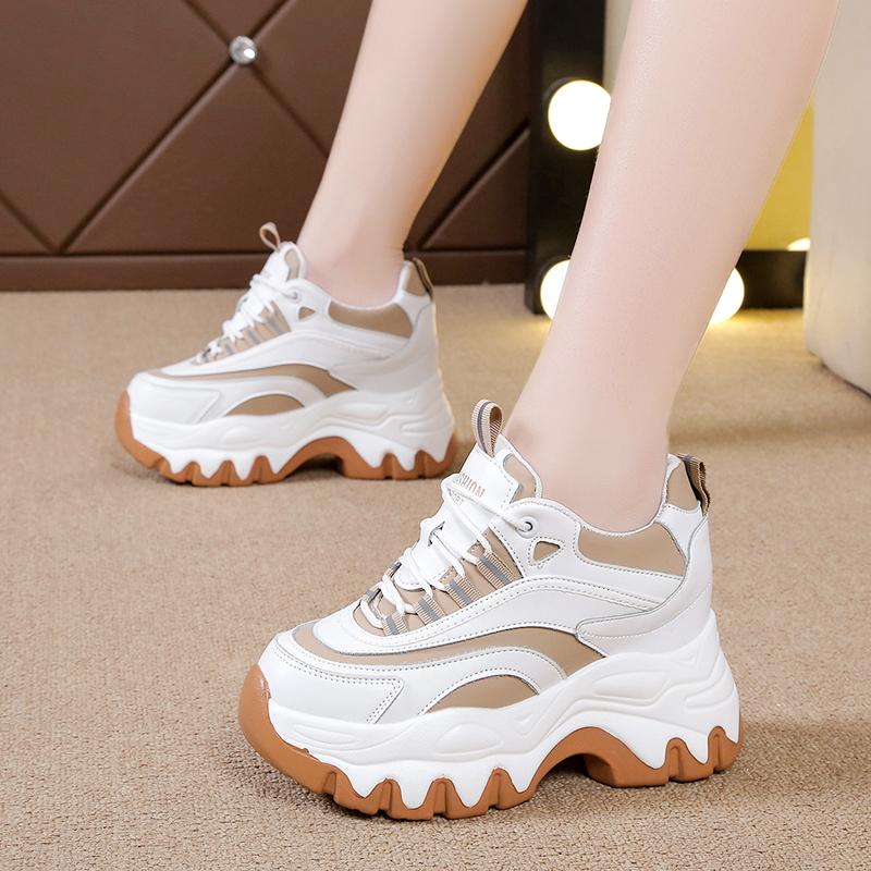 fashion Women Thick Bottom Leather Sneakers New 2024 Chunky Breathable Female Casual Shoes Ladies High Platform White Sports Shoes 8CM