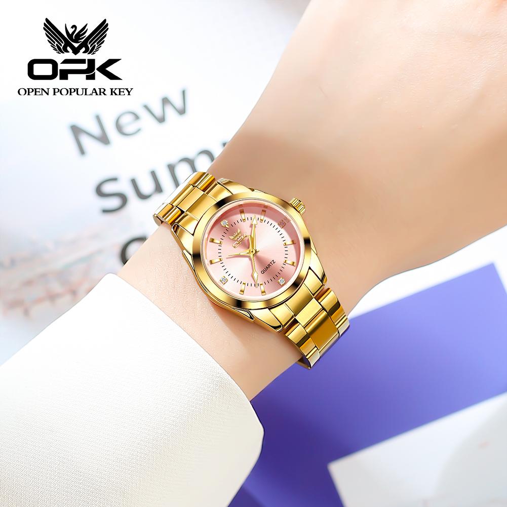 OPK Brand Luminous Waterproof Three-Pin Real Nail Scale Steel Belt Ladies Quartz Watch 6002