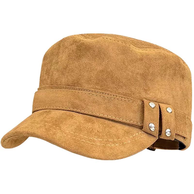 Retro British style suede equestrian hat women's autumn and winter warm versatile flat top hat showing face small brown newsboy hat