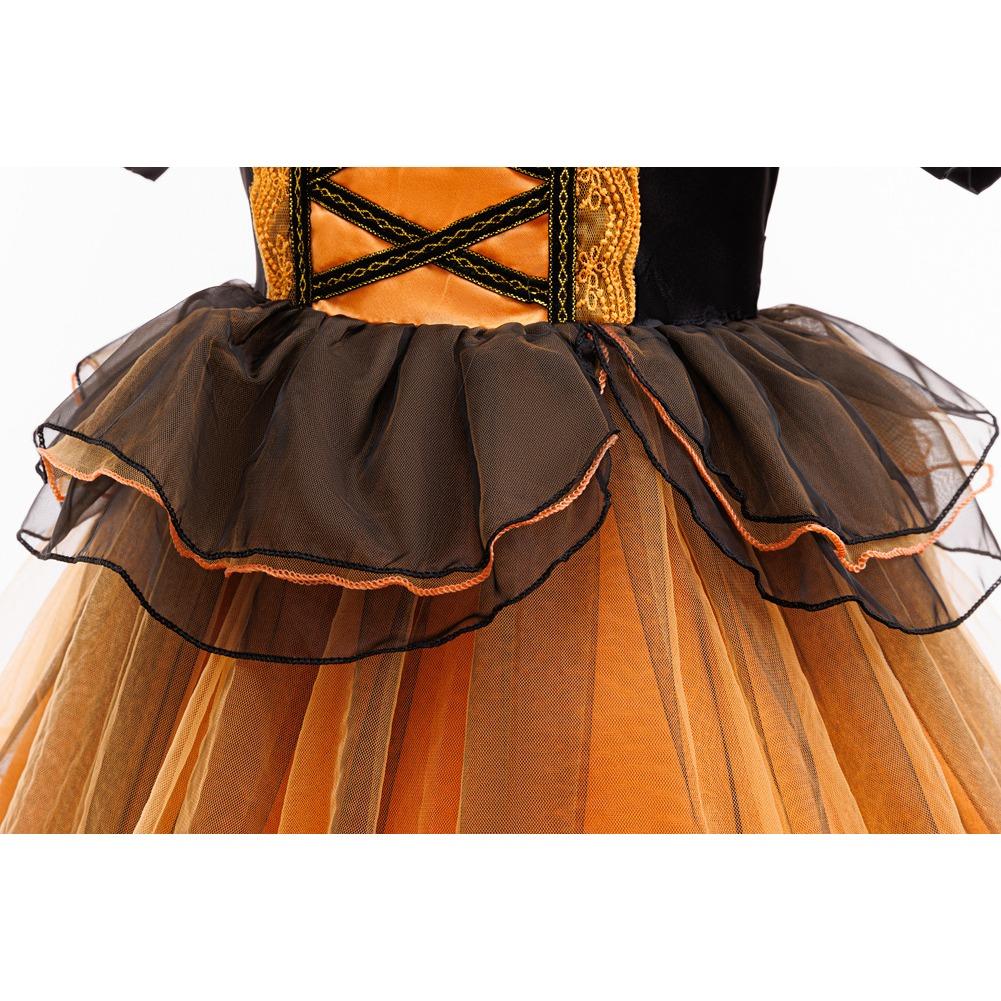 Girls Princess Dress Halloween Costume Cosplay Witch Dress Bubble Sleeve Pumpkin Mesh Tutu Children Princess Dress Mesh Skirt