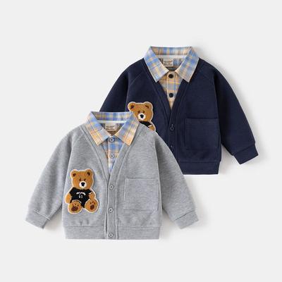 Spring and Autumn Boys' Fake Two-Piece Jacket Long-Sleeved Sweatshirt Kids Cartoon Bear Tops Children's Clothing Baby Boys' Pullover