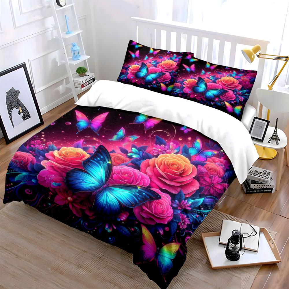 Colorful Butterflies and Roses Bedding Duvet Cover Set Duvet Cover Pillowcases (1 * Duvet Cover 2 * Pillowcases, without duvet insert)