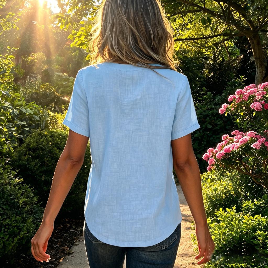 Women's Casual V-Neck Button Blouse Loose Fit Color Cotton Linen Top