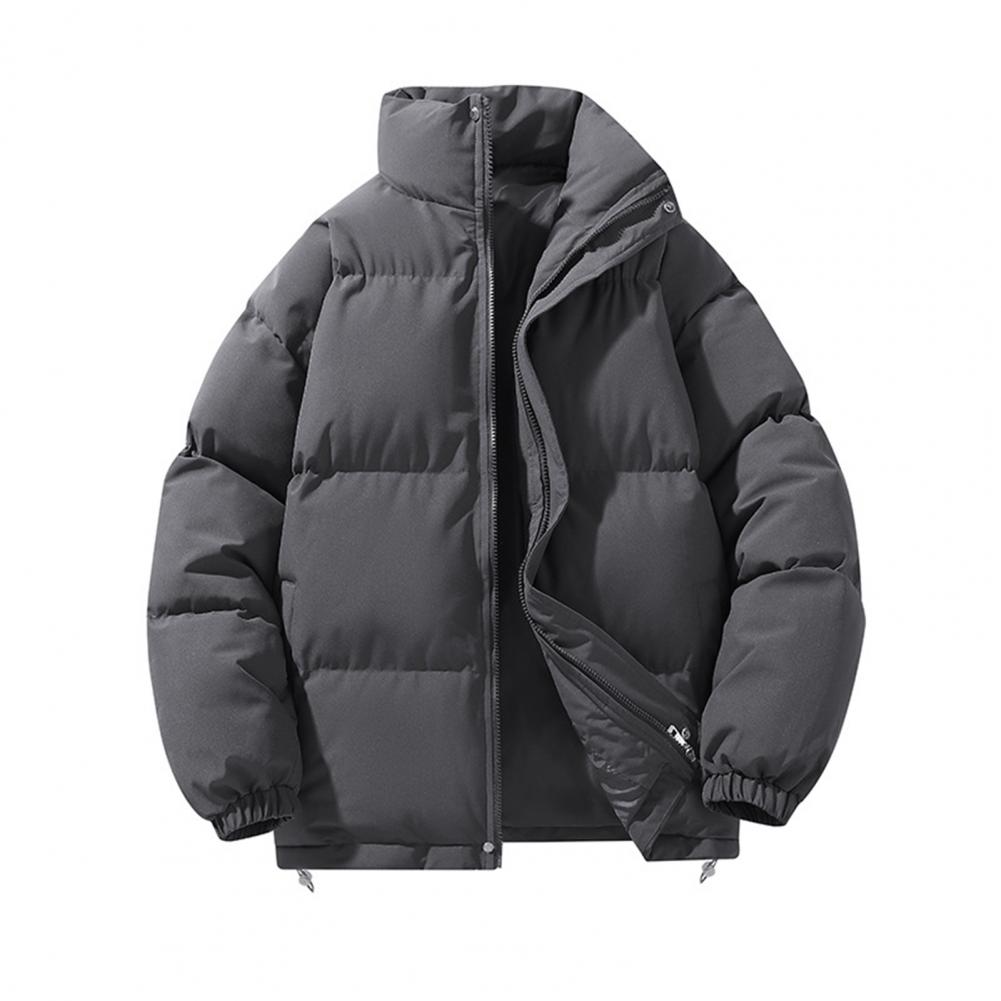 Men Autumn Cotton Coat High Collar Long Sleeve Zipper Closure Wind Shield Coat with Pockets Zipper Placket Elastic Hem One Tone