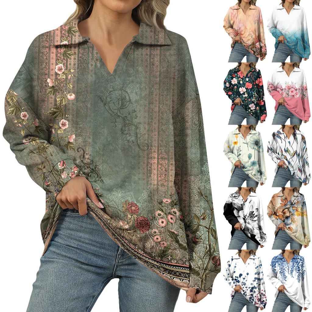 Women's Summer Fashion Casual  Printed V-Neck Long Sleeve Shirt Top