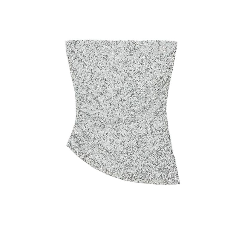 

Summer New Arrival Women clothes Pleat Trim Straight Collar off-the-Shoulder Sequin Applique Detail Tube Top Top 1014802 Silver L