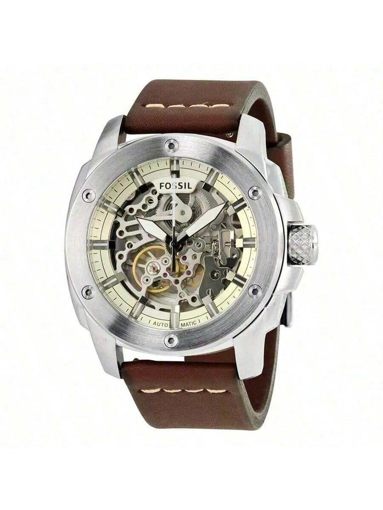 Herren-Automatik-Mechanik-Uhr mit Lederarmband, Drei-Zeiger-Design, Edelstahlgehäuse & Kratzfestes Glas (ME3083)